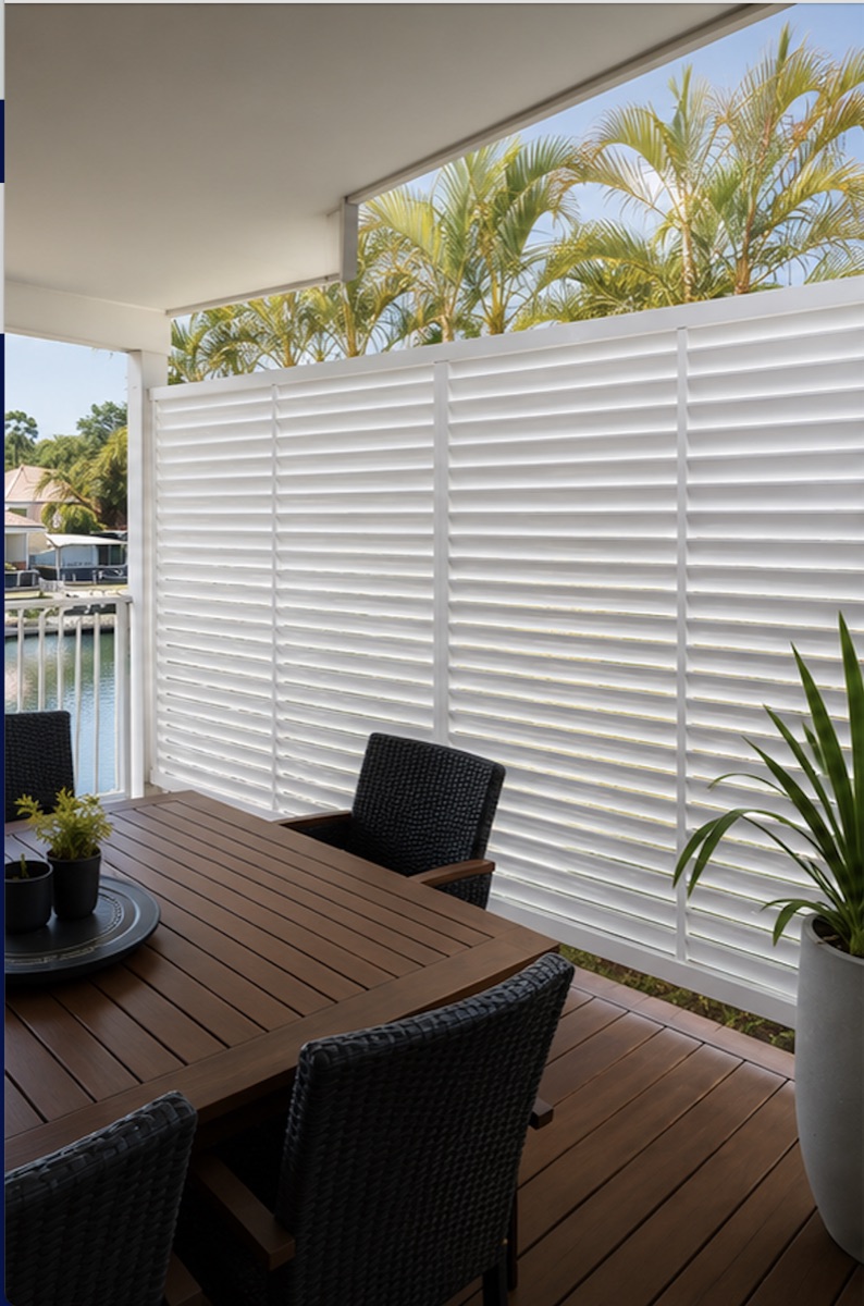 White aluminium slat privacy screening on a Sunshine Coast deck